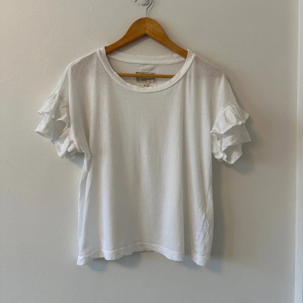 Current Elliott The Ruffle Roadie White Cotton Distressed T-Shirt | Size 0 (XS)